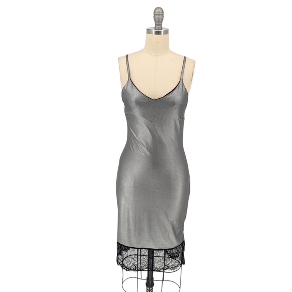 Boohoo Dresses & Skirts - Boohoo V Neck Lace Trim Tank Dress Silver 6 futuristic sexy clubbing casual y2k